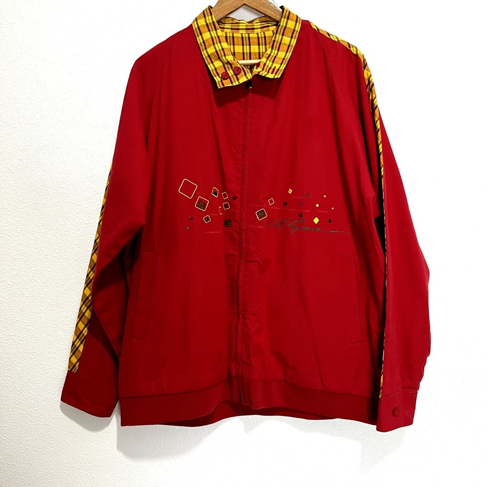 A. Tiziano Jacket Men’s XL Reversible Red Yellow Plaid Cotton Logo 100% Cotton